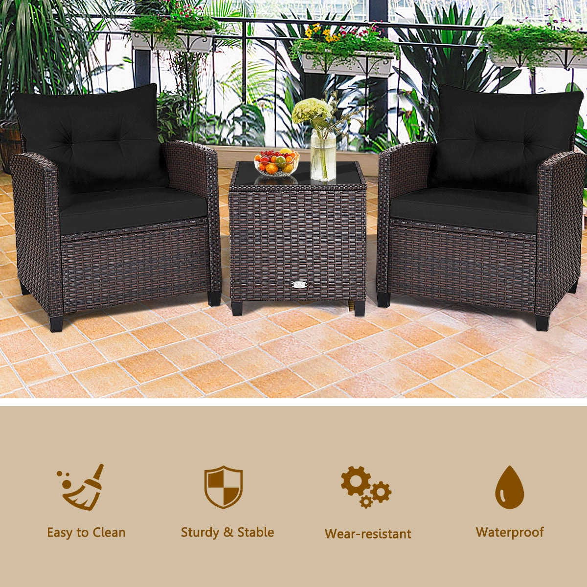 3 Pieces Cushioned Rattan Patio Conversation Set with Coffee Table-Black