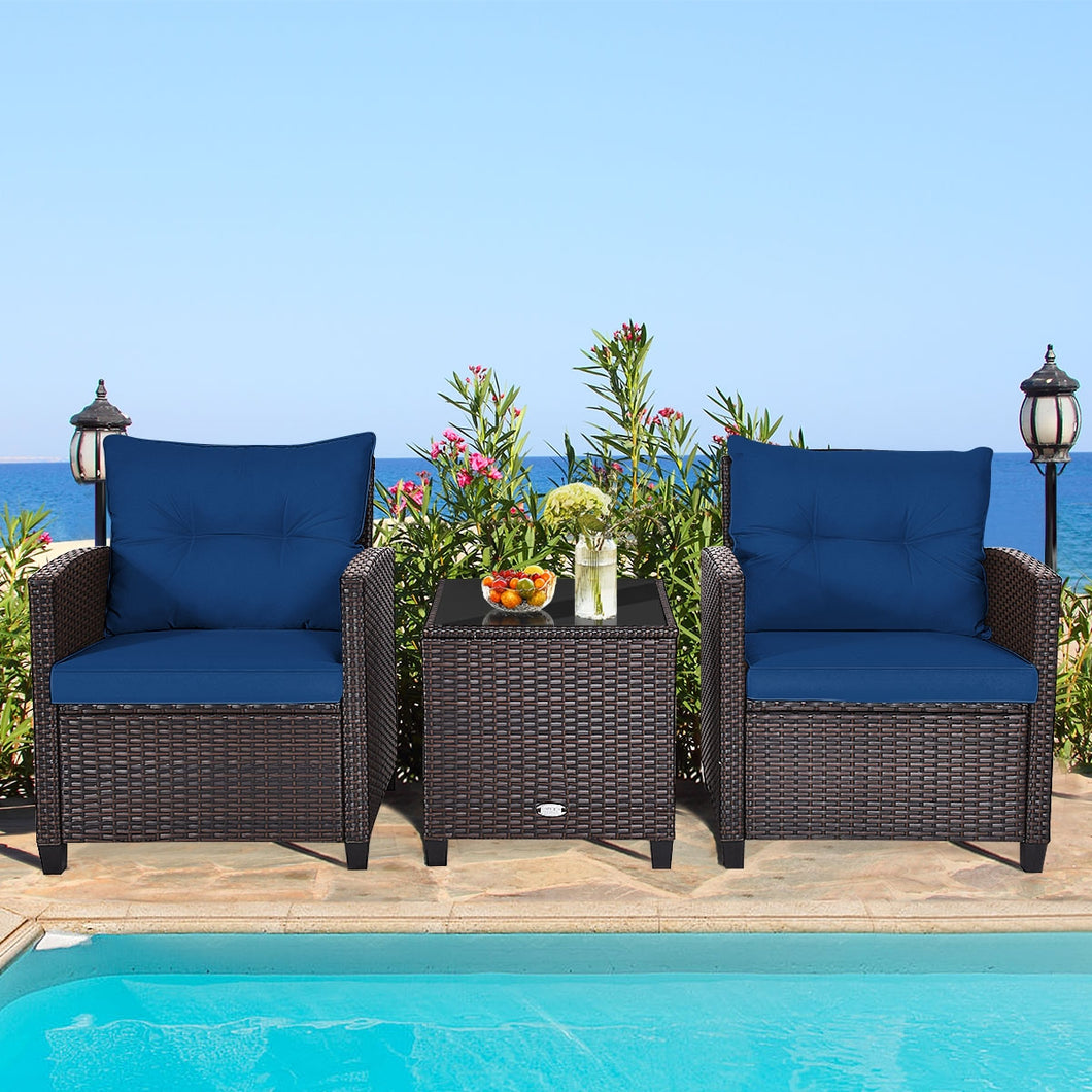 3 Pieces Cushioned Rattan Patio Conversation Set with Coffee Table