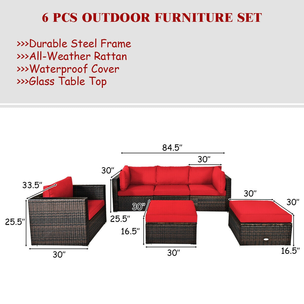 6 Pieces Patio Rattan Furniture Set with Sectional Cushion-Red