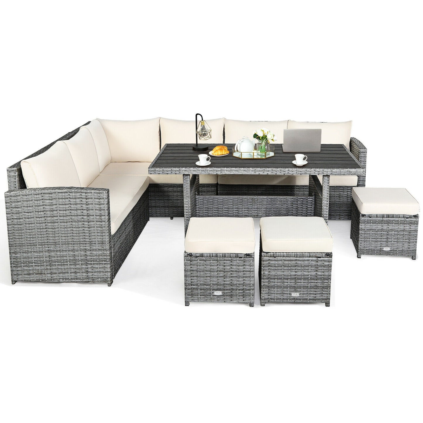 7 Pcs All-Weather Patio Rattan Dining Furniture Sectional Sofa Set with Wicker Ottoman and Cushed Couch-Off White