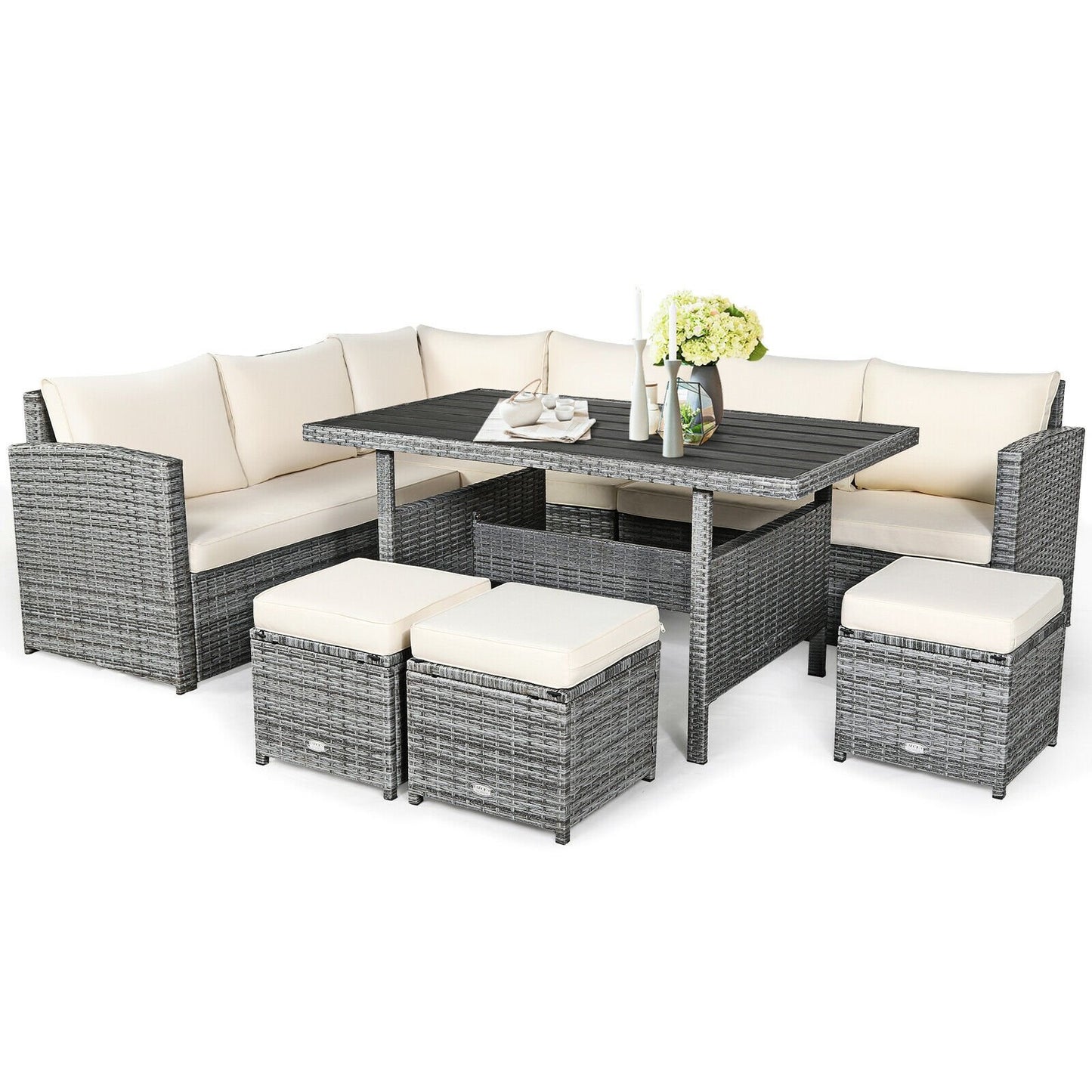 7 Pcs All-Weather Patio Rattan Dining Furniture Sectional Sofa Set with Wicker Ottoman and Cushed Couch-Off White