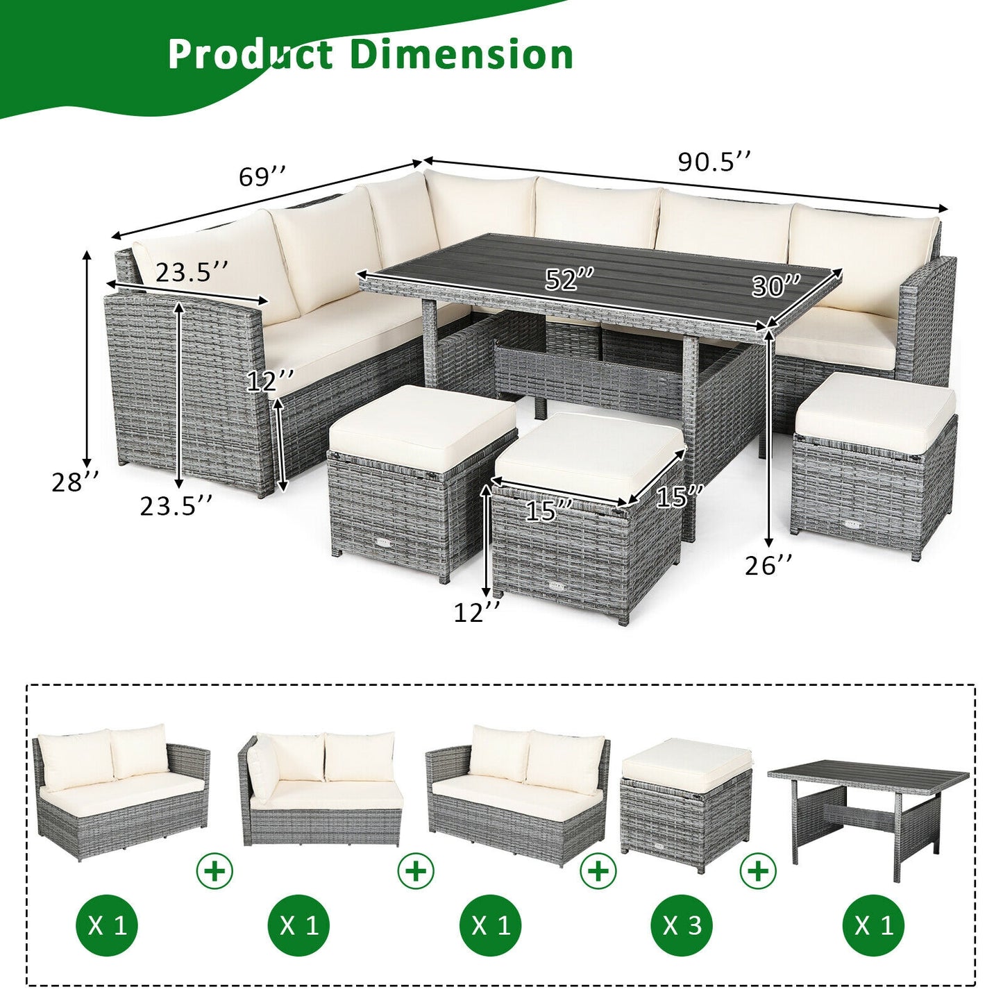 7 Pcs All-Weather Patio Rattan Dining Furniture Sectional Sofa Set with Wicker Ottoman and Cushed Couch-Off White
