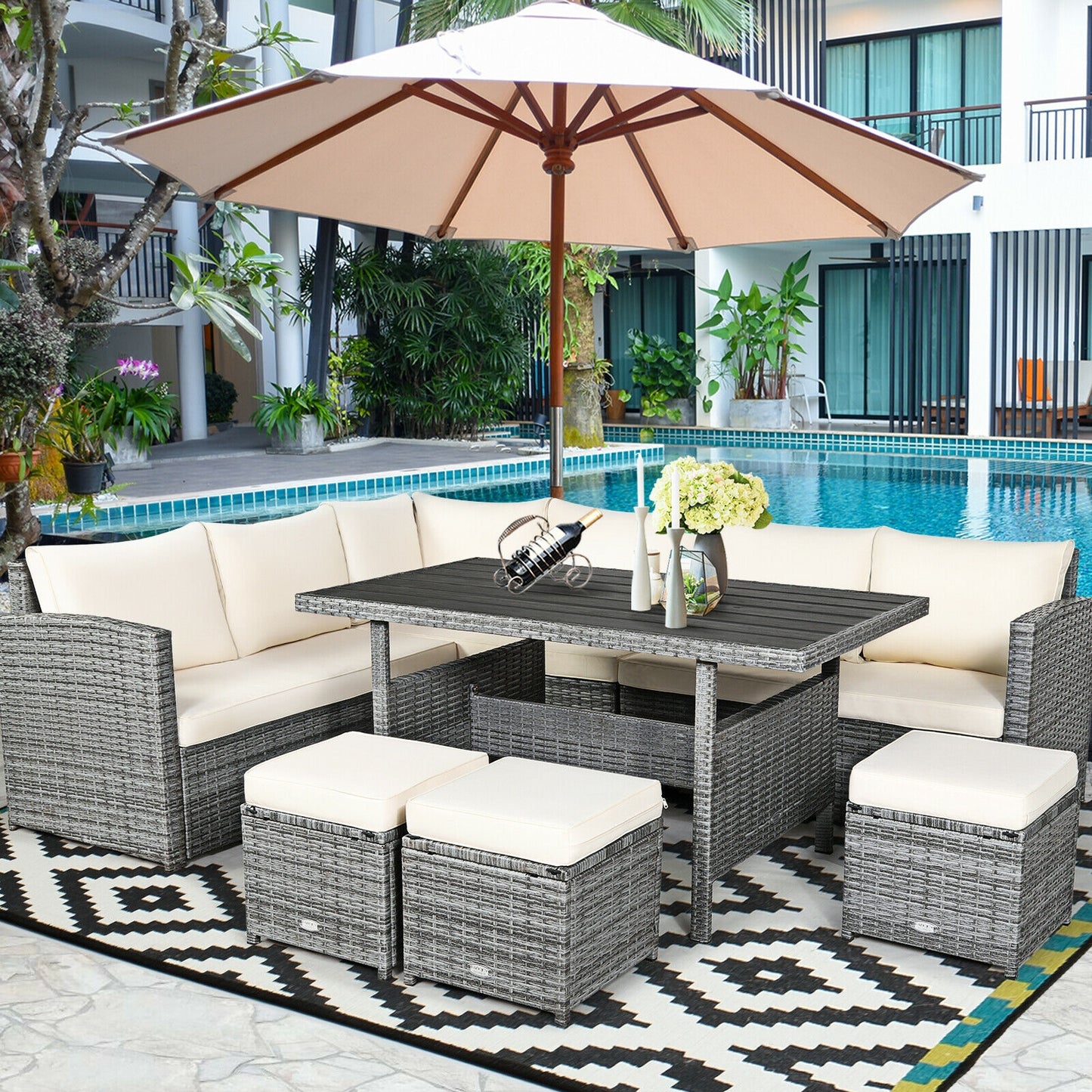 7 Pcs All-Weather Patio Rattan Dining Furniture Sectional Sofa Set with Wicker Ottoman and Cushed Couch-Off White