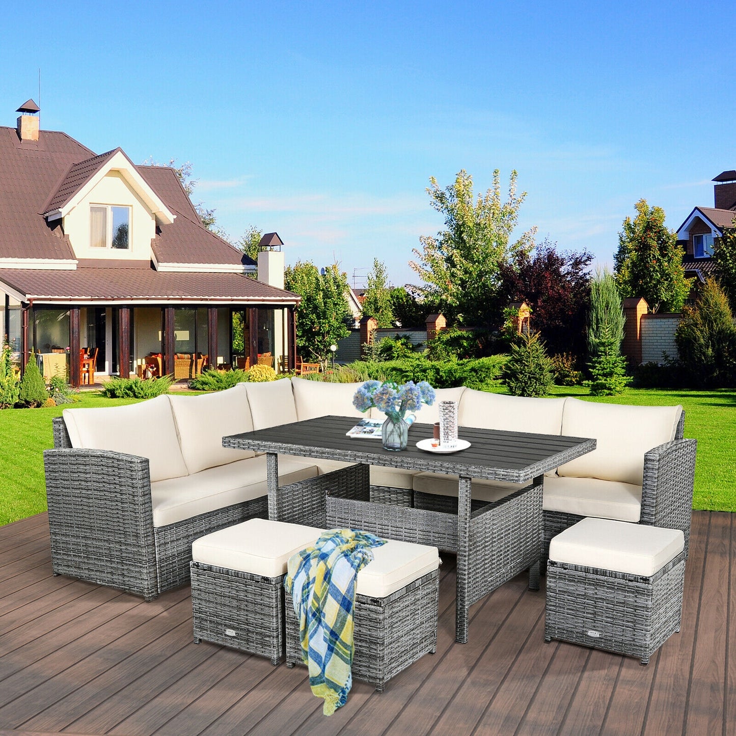 7 Pcs All-Weather Patio Rattan Dining Furniture Sectional Sofa Set with Wicker Ottoman and Cushed Couch-Off White