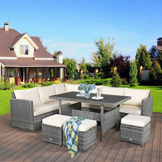 7 Pcs All-Weather Patio Rattan Dining Furniture Sectional Sofa Set with Wicker Ottoman and Cushed Couch-Off White