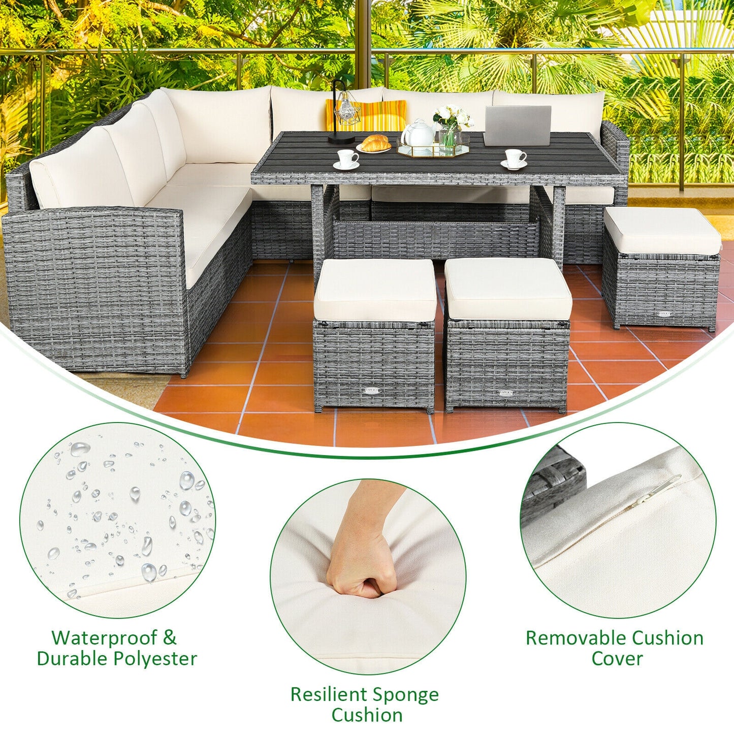 7 Pcs All-Weather Patio Rattan Dining Furniture Sectional Sofa Set with Wicker Ottoman and Cushed Couch-Off White