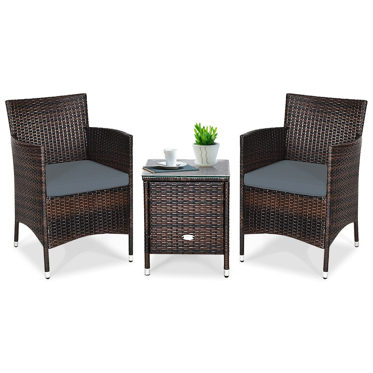 3 Pieces Patio Furniture Set Outdoor Wicker Rattan Set-Gray