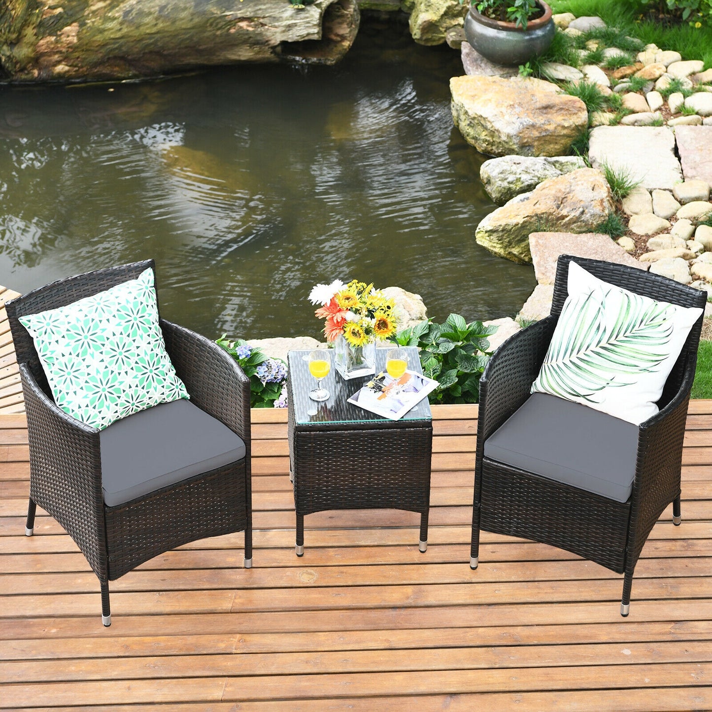 3 Pieces Patio Furniture Set Outdoor Wicker Rattan Set-Gray