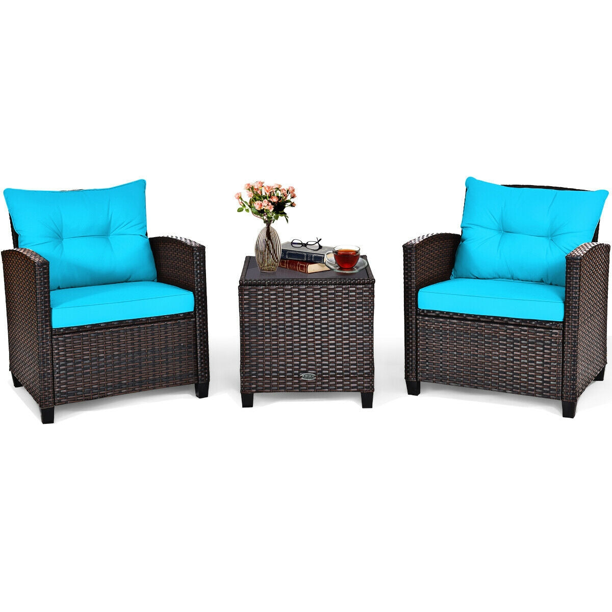 3 Pieces Cushioned Rattan Patio Conversation Set with Coffee Table-Turquoise