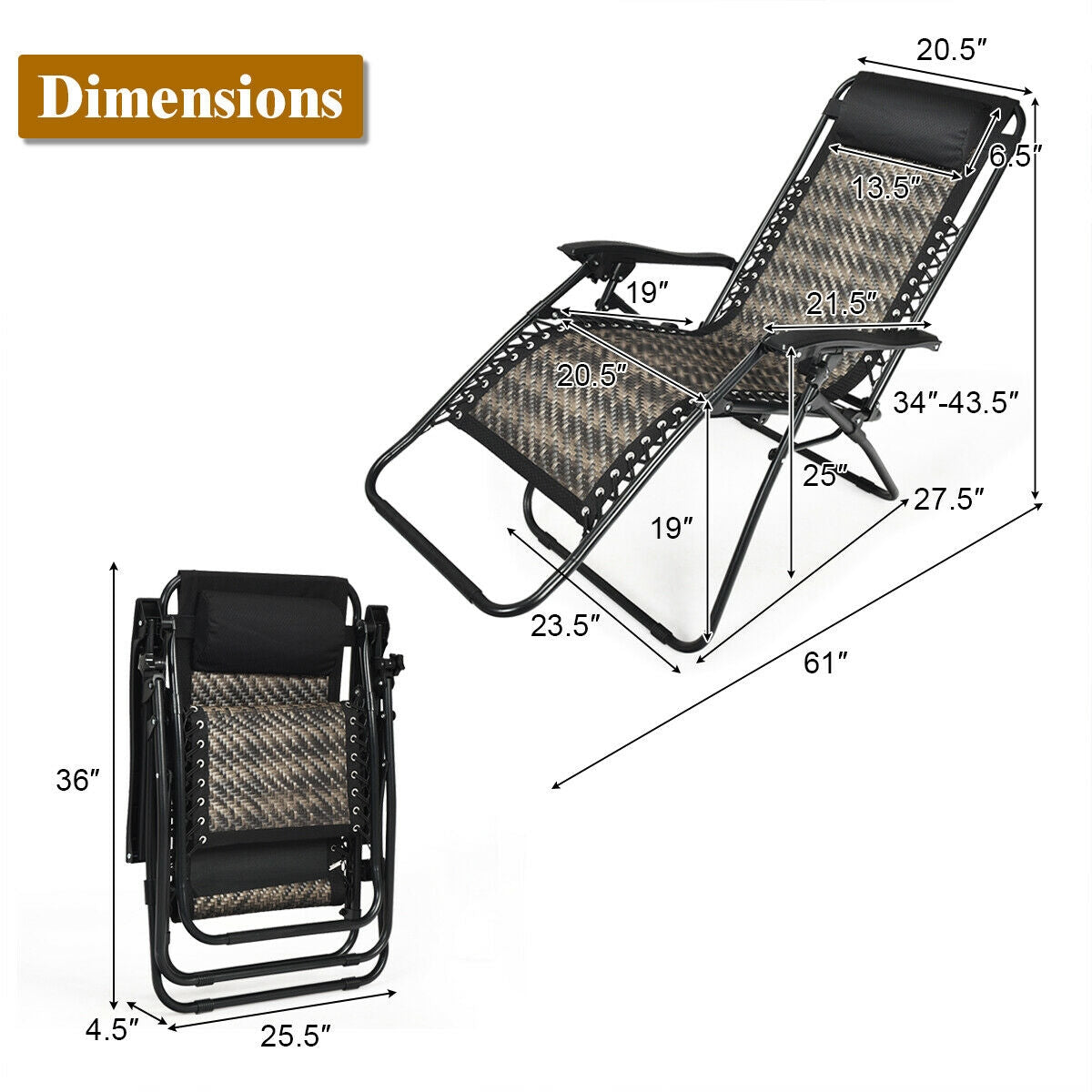 2 Pieces Folding Patio Rattan Zero Gravity Lounge Chair-Gray
