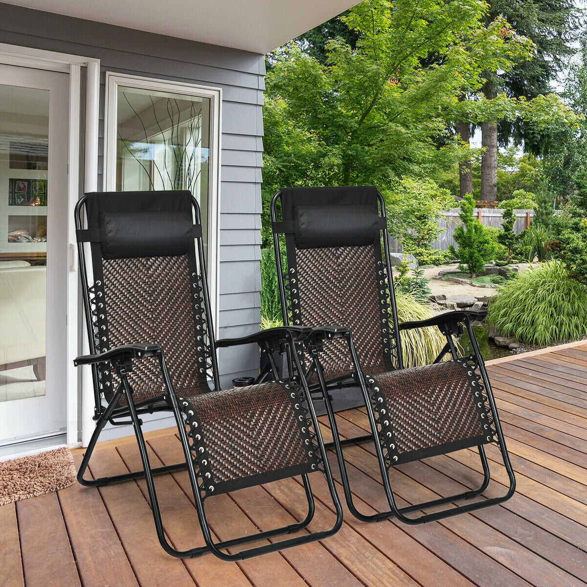 2 Pieces Folding Patio Rattan Zero Gravity Lounge Chair-Coffee