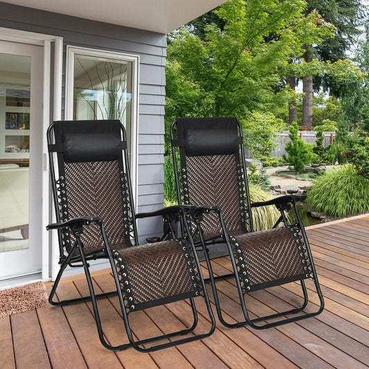 2 Pieces Folding Patio Rattan Zero Gravity Lounge Chair-Coffee