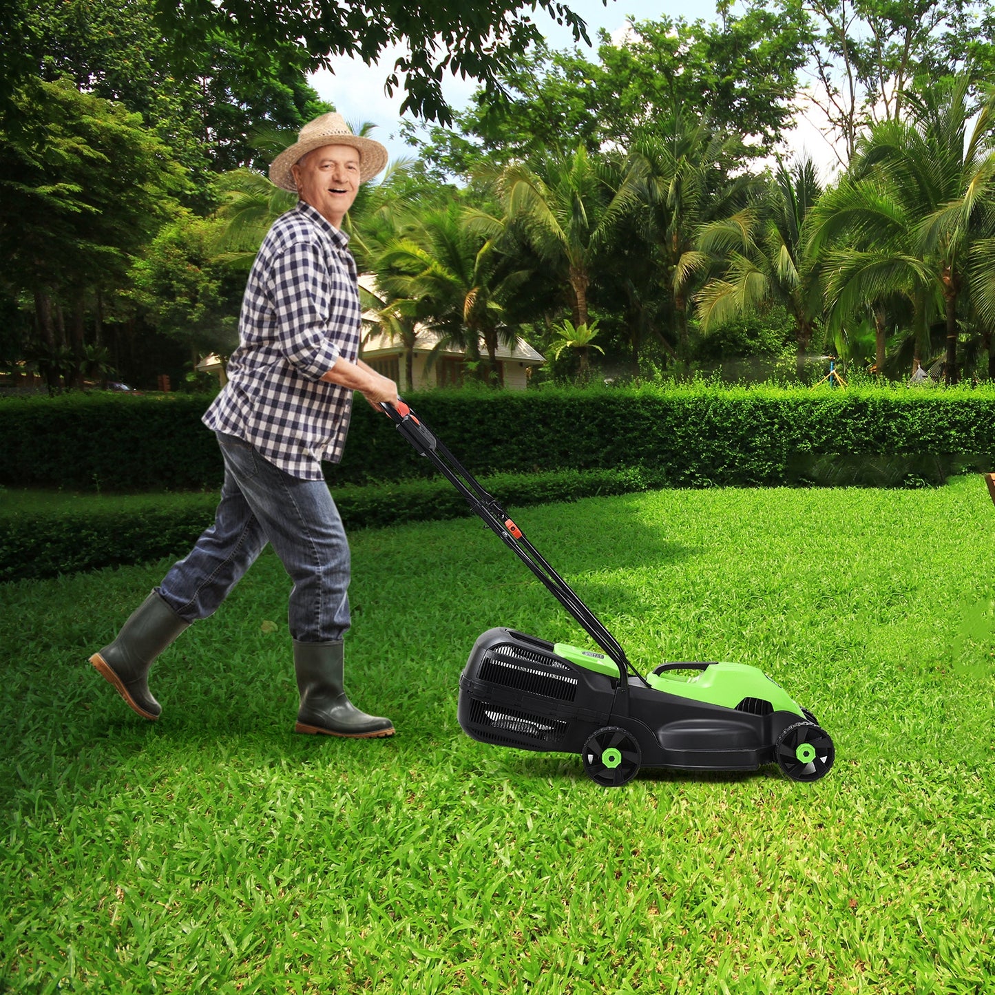 13 Inch Electric Push Lawn Corded Mower with Grass Bag-Green
