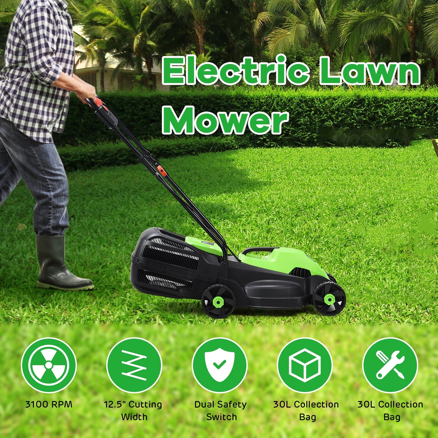 13 Inch Electric Push Lawn Corded Mower with Grass Bag-Green
