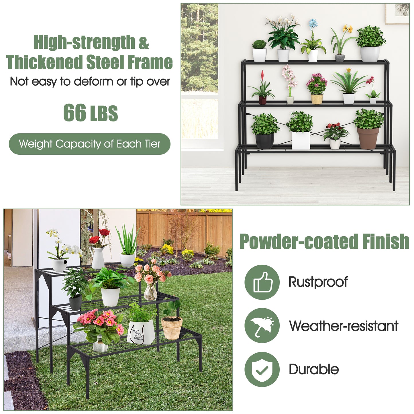 Outdoor 3 Tier Metal Plant Stand with Heavy Duty Rack for Multiple Use