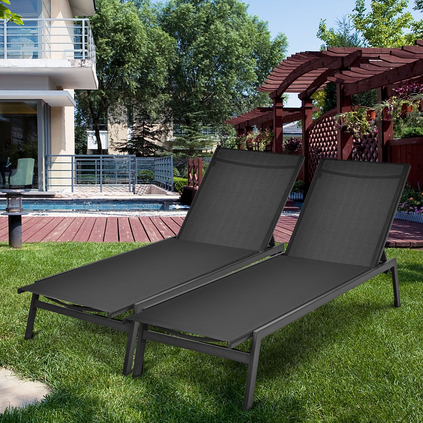Outdoor Reclining Chaise Lounge Chair with 6-Position Adjustable Back-Black