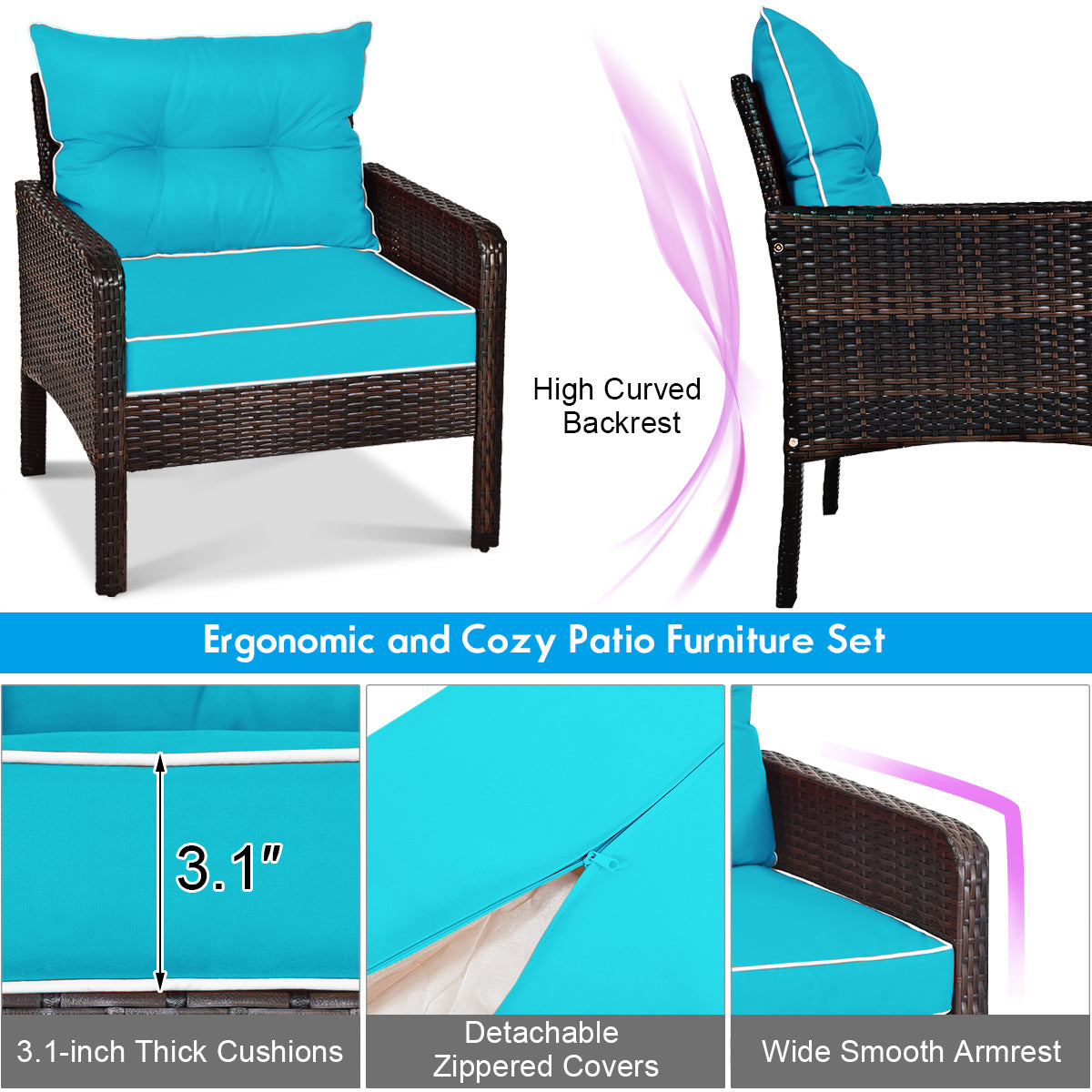 5 Pcs Patio Rattan Sofa Ottoman Furniture Set with Cushions-Turquoise
