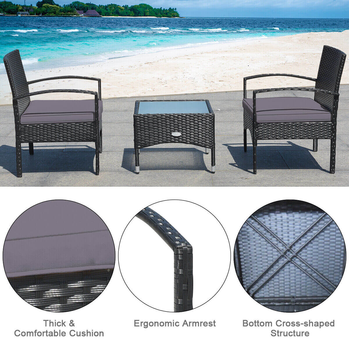 3 Pieces Patio Wicker Rattan Furniture Set with Cushion for Lawn Backyard-Gray