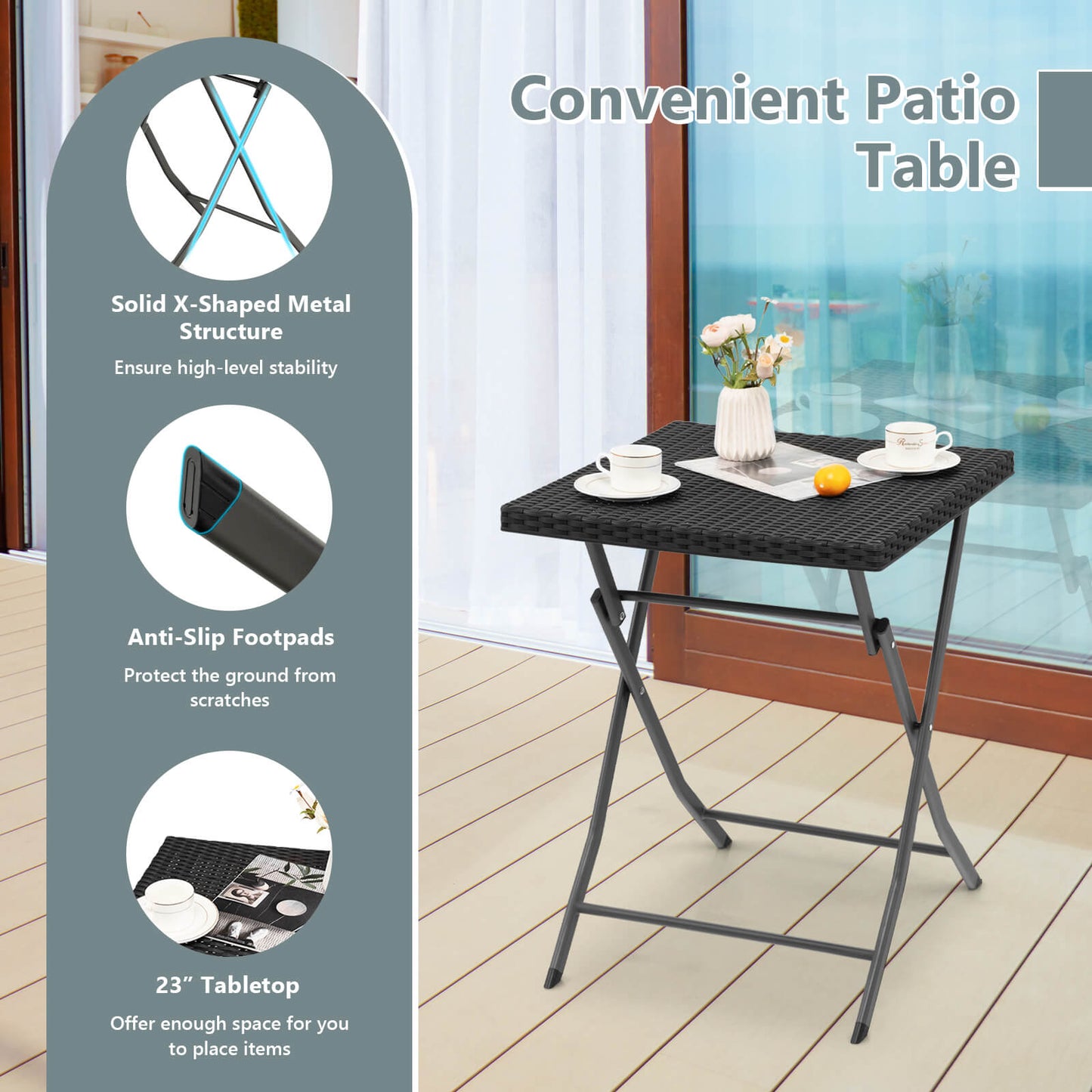 3 Pieces Patio Bistro Set with Folding Wicker Chairs and Table-Black