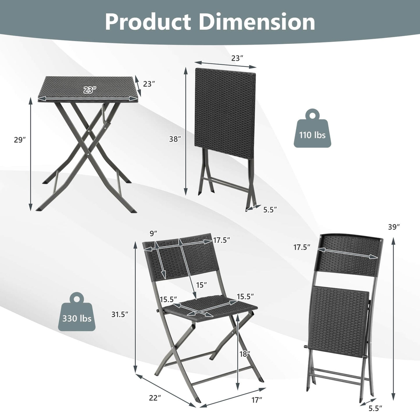 3 Pieces Patio Bistro Set with Folding Wicker Chairs and Table-Black