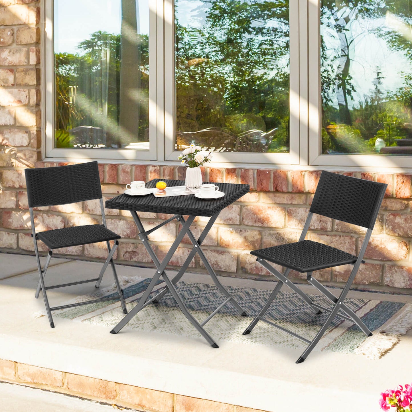 3 Pieces Patio Bistro Set with Folding Wicker Chairs and Table-Black