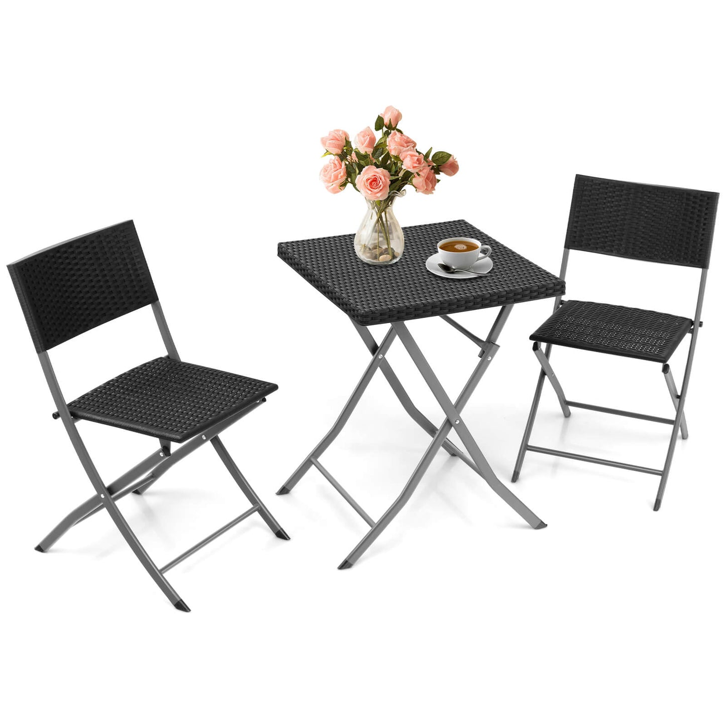 3 Pieces Patio Bistro Set with Folding Wicker Chairs and Table-Black