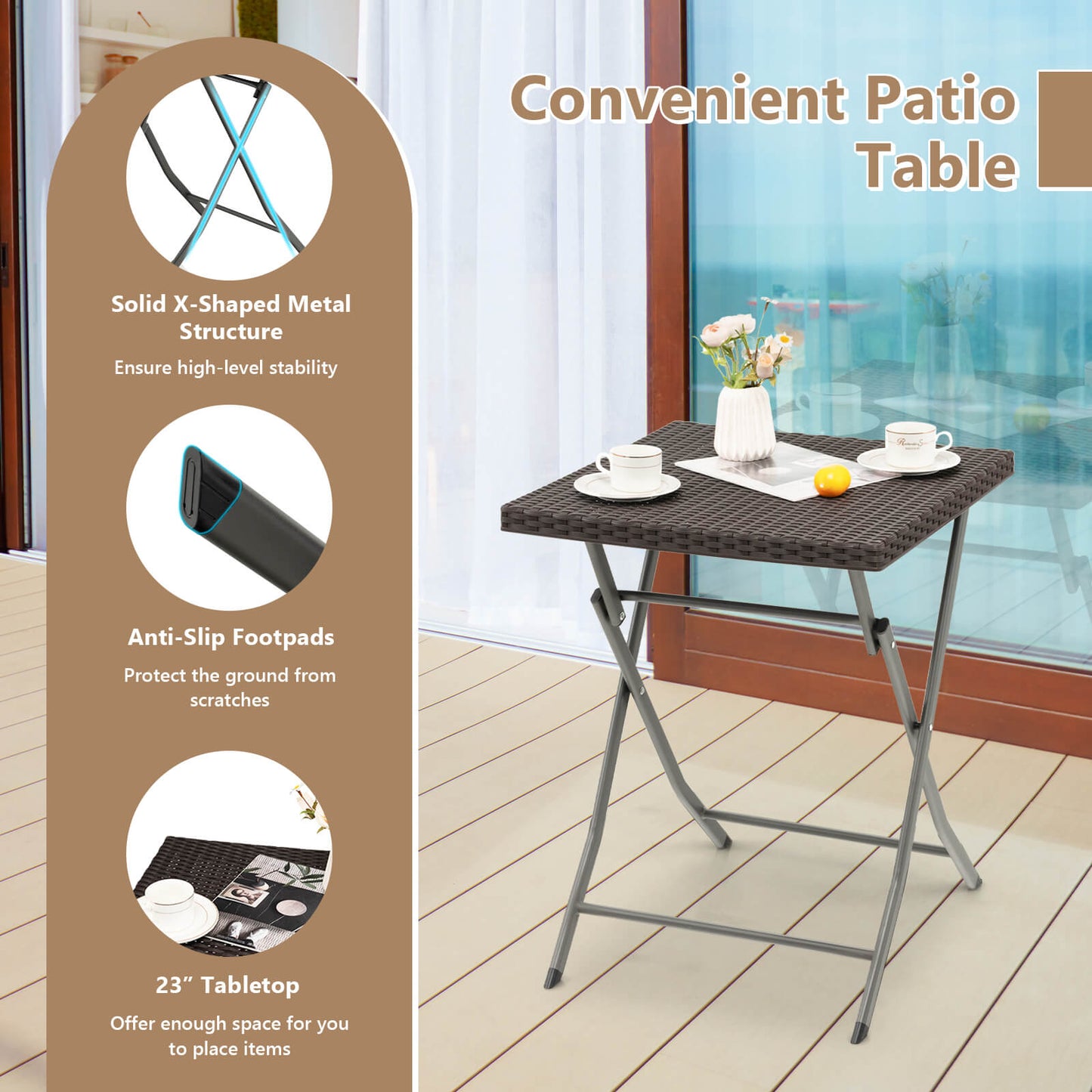 3 Pieces Patio Bistro Set with Folding Wicker Chairs and Table-Brown