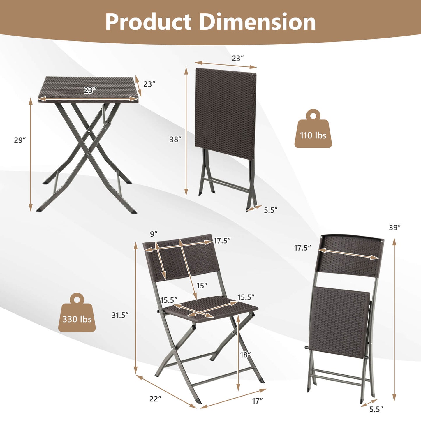 3 Pieces Patio Bistro Set with Folding Wicker Chairs and Table-Brown