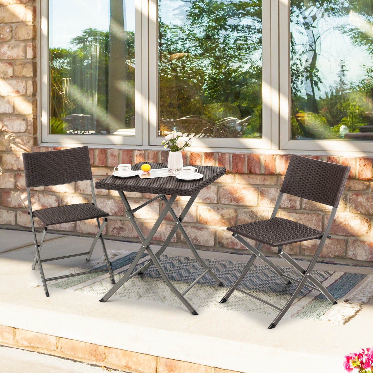 3 Pieces Patio Bistro Set with Folding Wicker Chairs and Table-Brown