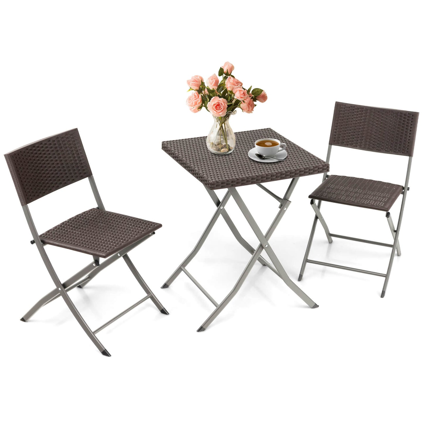 3 Pieces Patio Bistro Set with Folding Wicker Chairs and Table-Brown