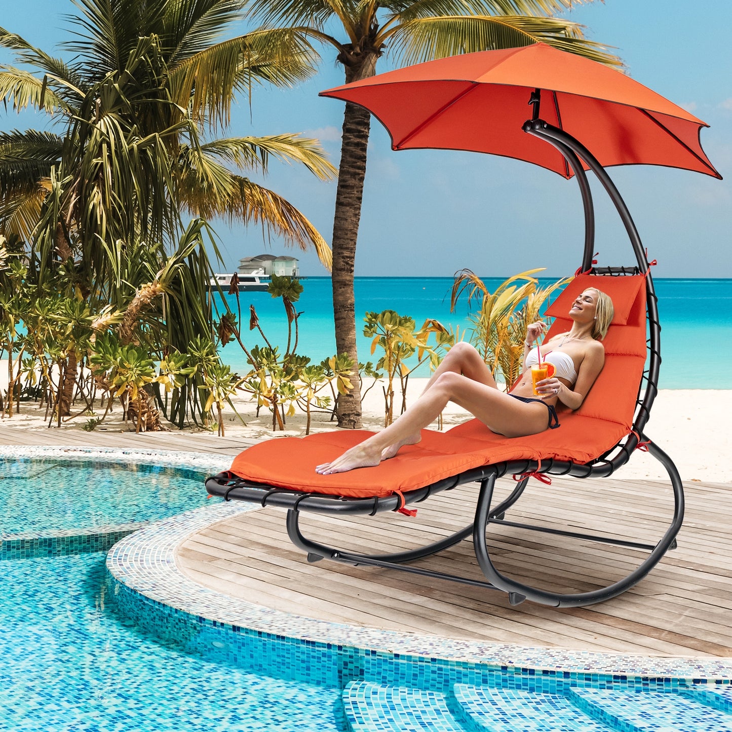 Hammock Chair with Shade Canopy and Built-in Pillow-Orange