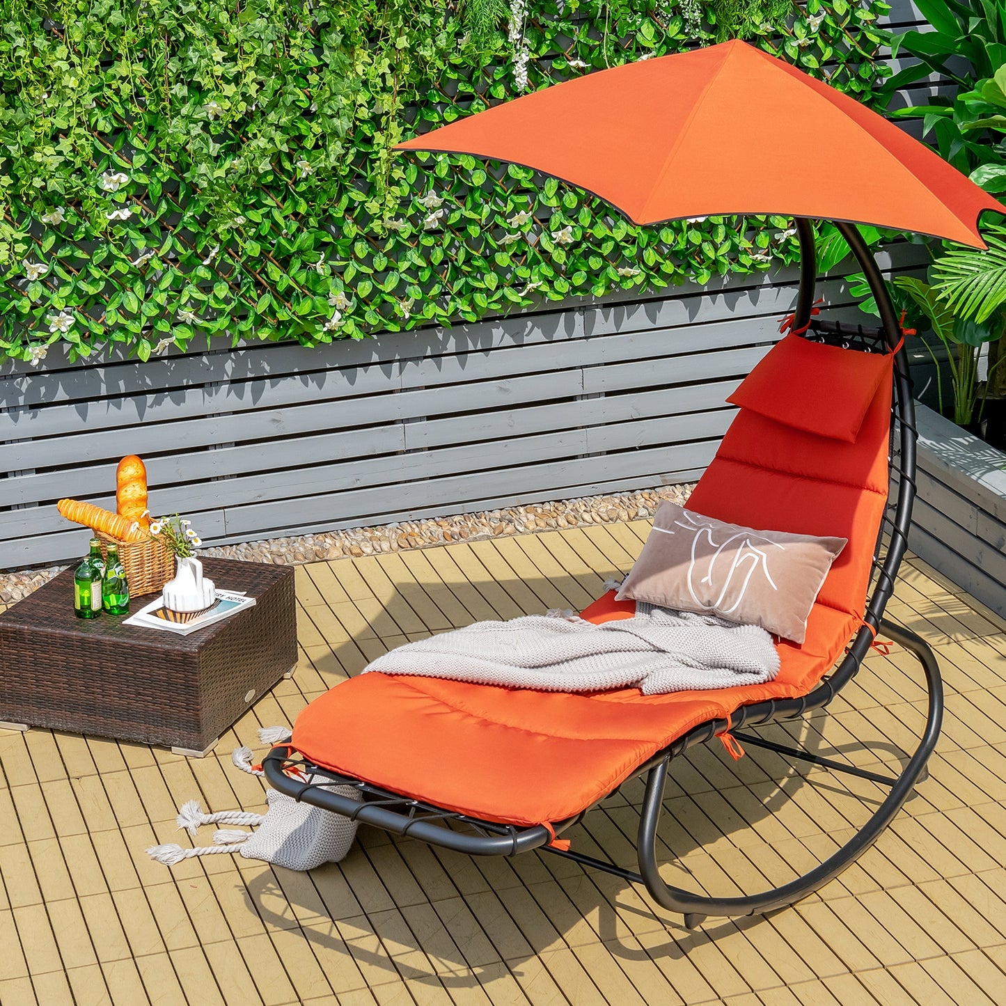 Hammock Chair with Shade Canopy and Built-in Pillow-Orange