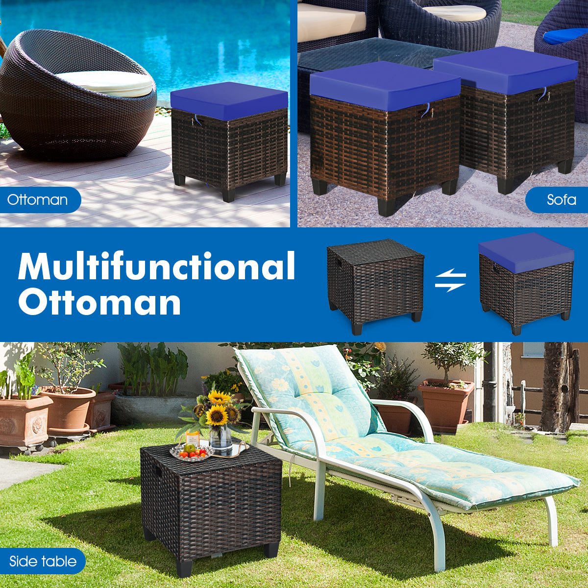 2 Pieces Patio Rattan Ottoman Set with Removable Cushions-Navy