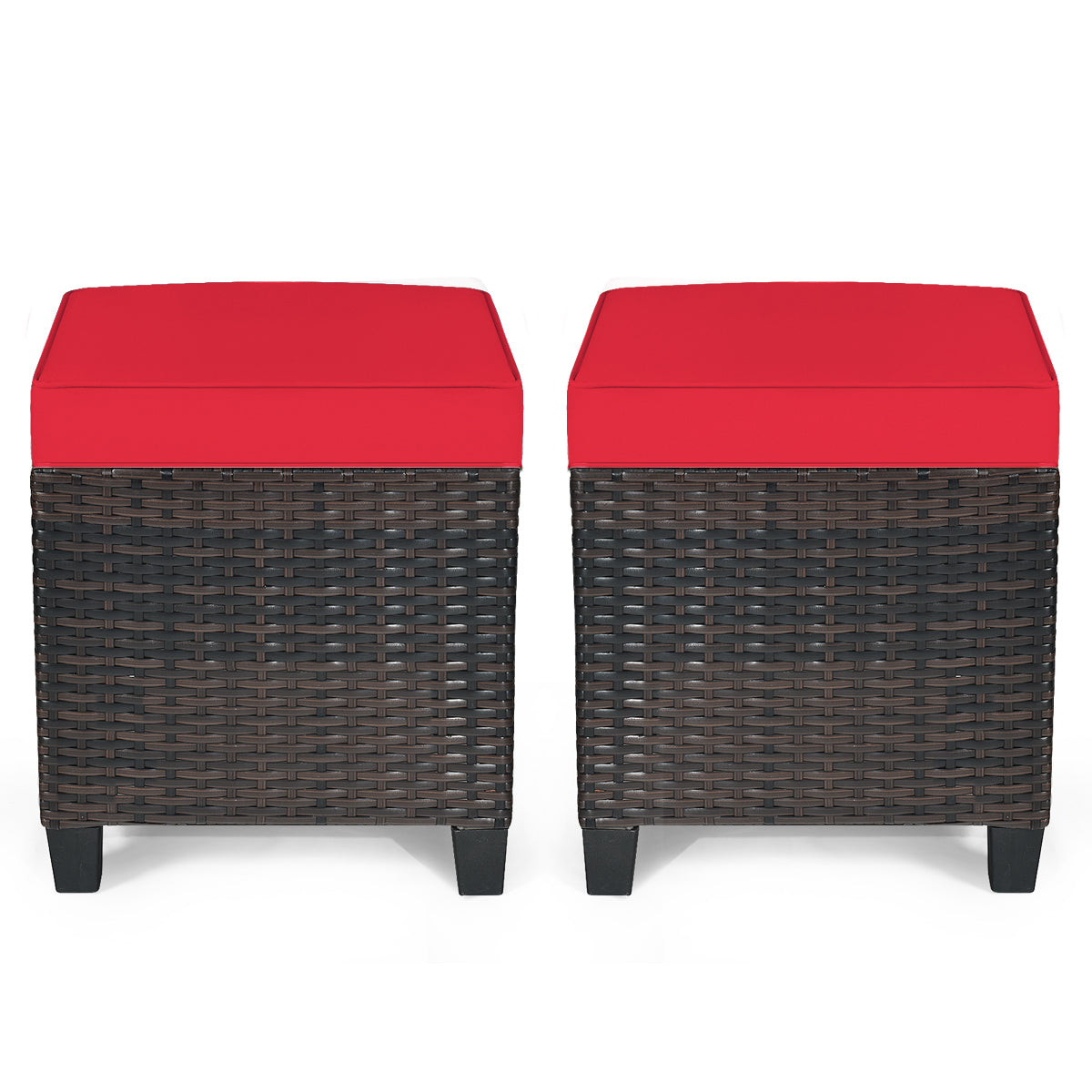 2PCS Patio Rattan Ottoman Cushioned Seat-Red
