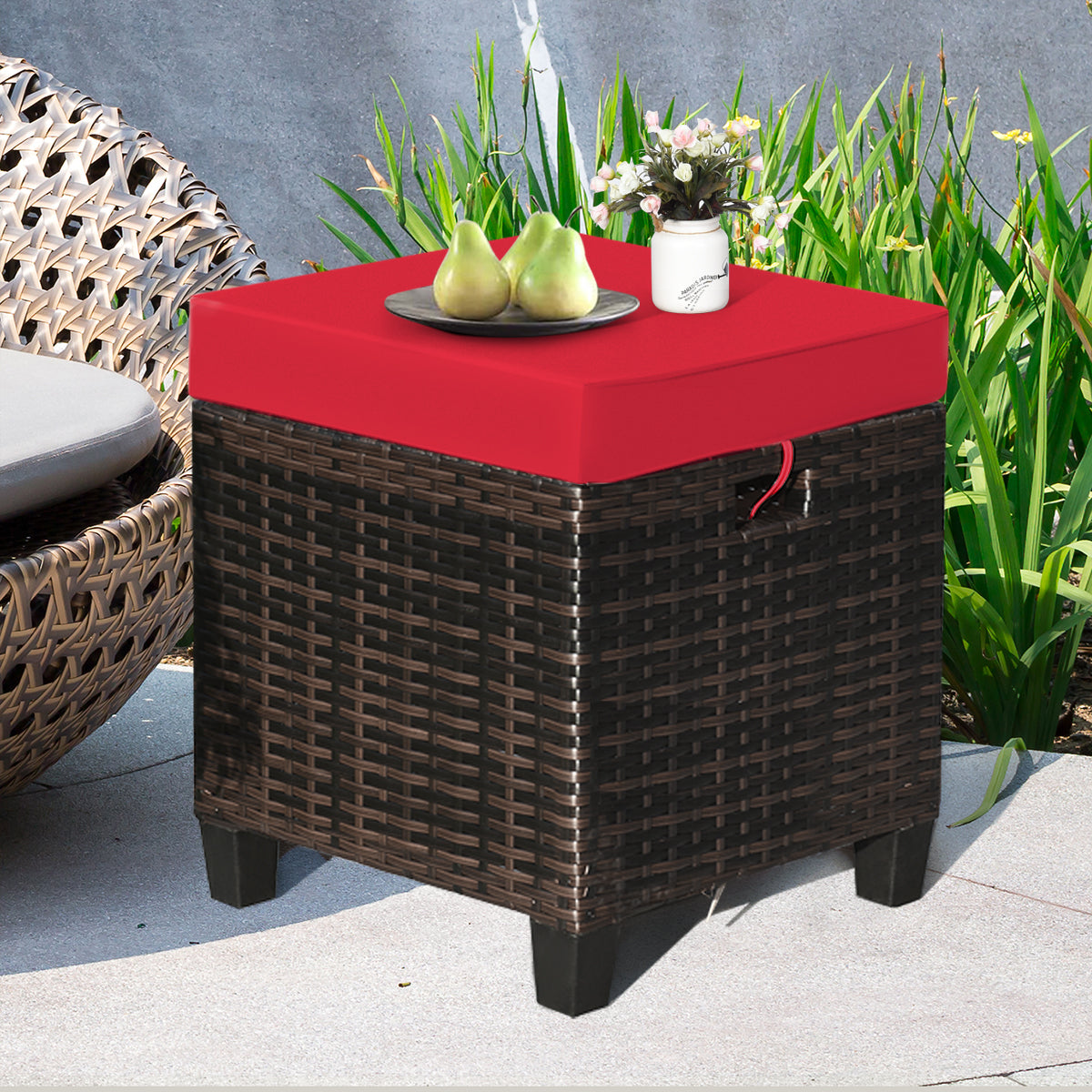 2PCS Patio Rattan Ottoman Cushioned Seat-Red