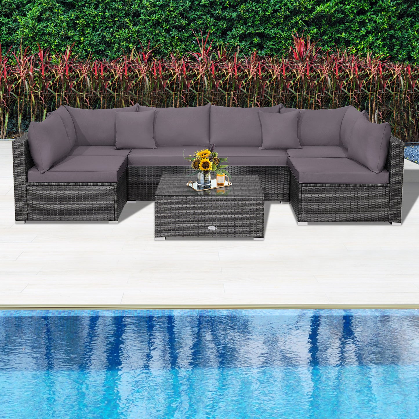 7 Pieces Patio Rattan Furniture Set Sectional Sofa Garden Cushion-Gray