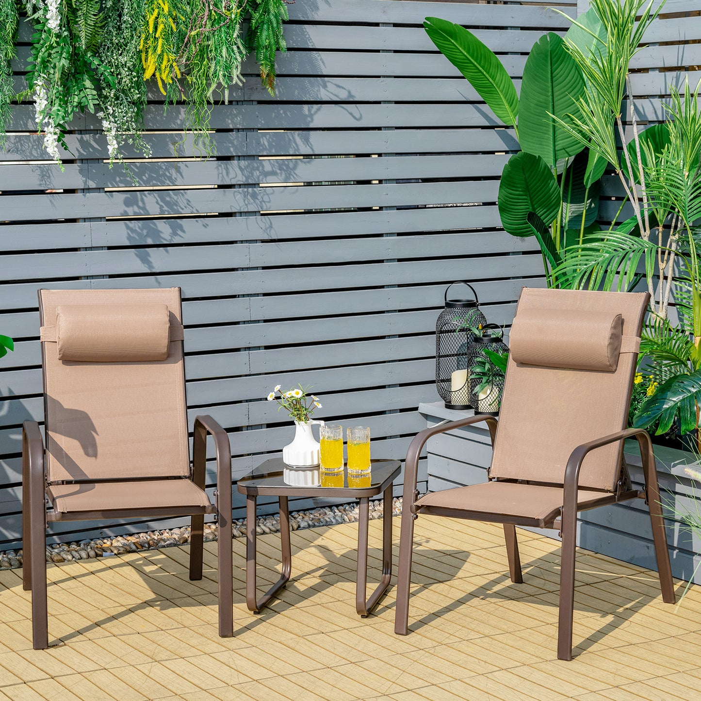 3 Pieces Patio Bistro Furniture Set with Adjustable Backrest-Coffee