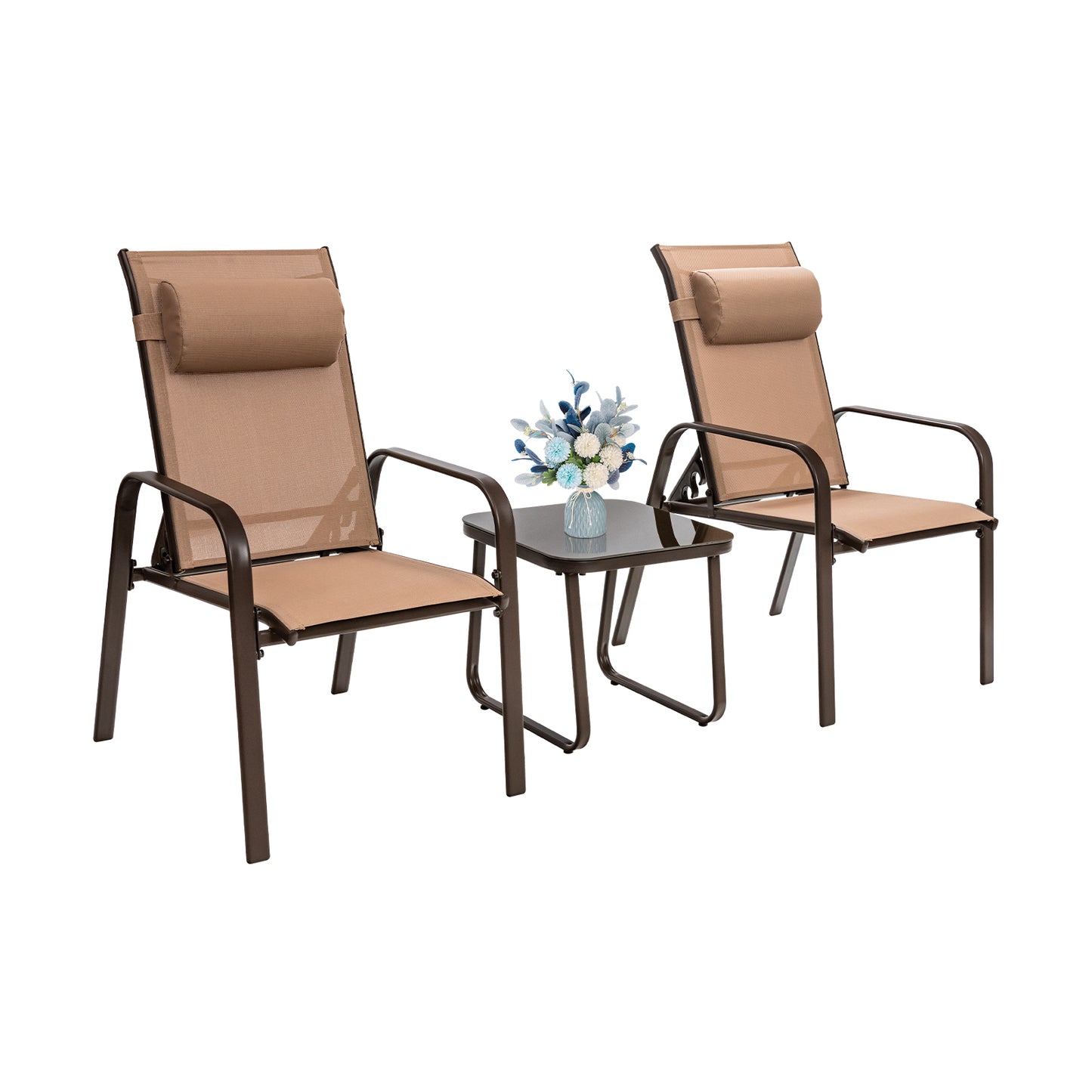 3 Pieces Patio Bistro Furniture Set with Adjustable Backrest-Coffee