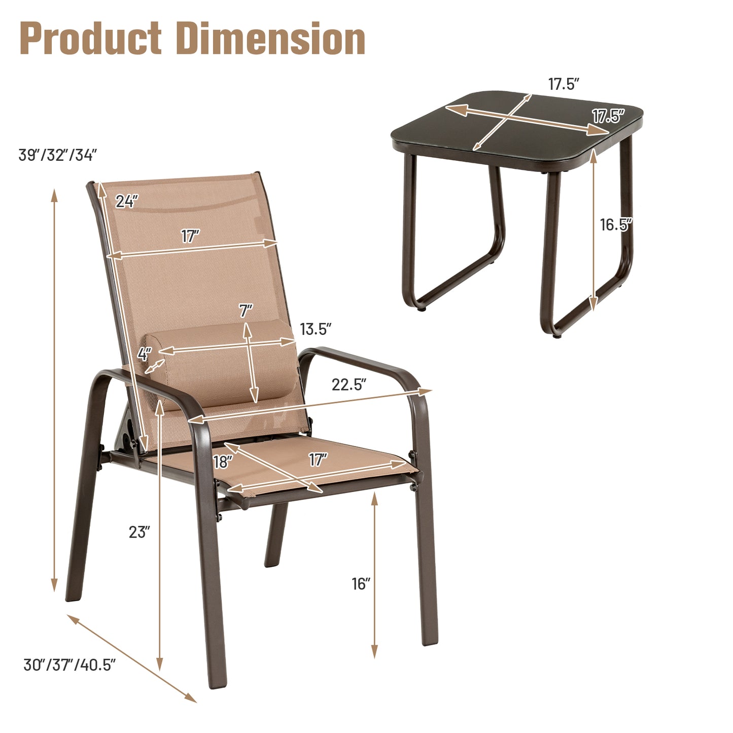 3 Pieces Patio Bistro Furniture Set with Adjustable Backrest-Coffee