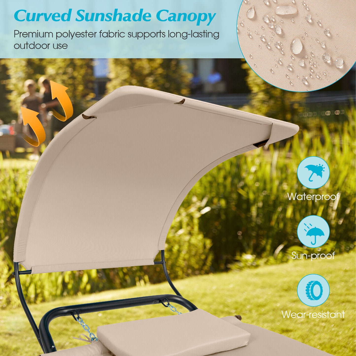 Patio Hanging Chaise Lounge Chair with Canopy Cushion Pillow and Storage Bag-Beige