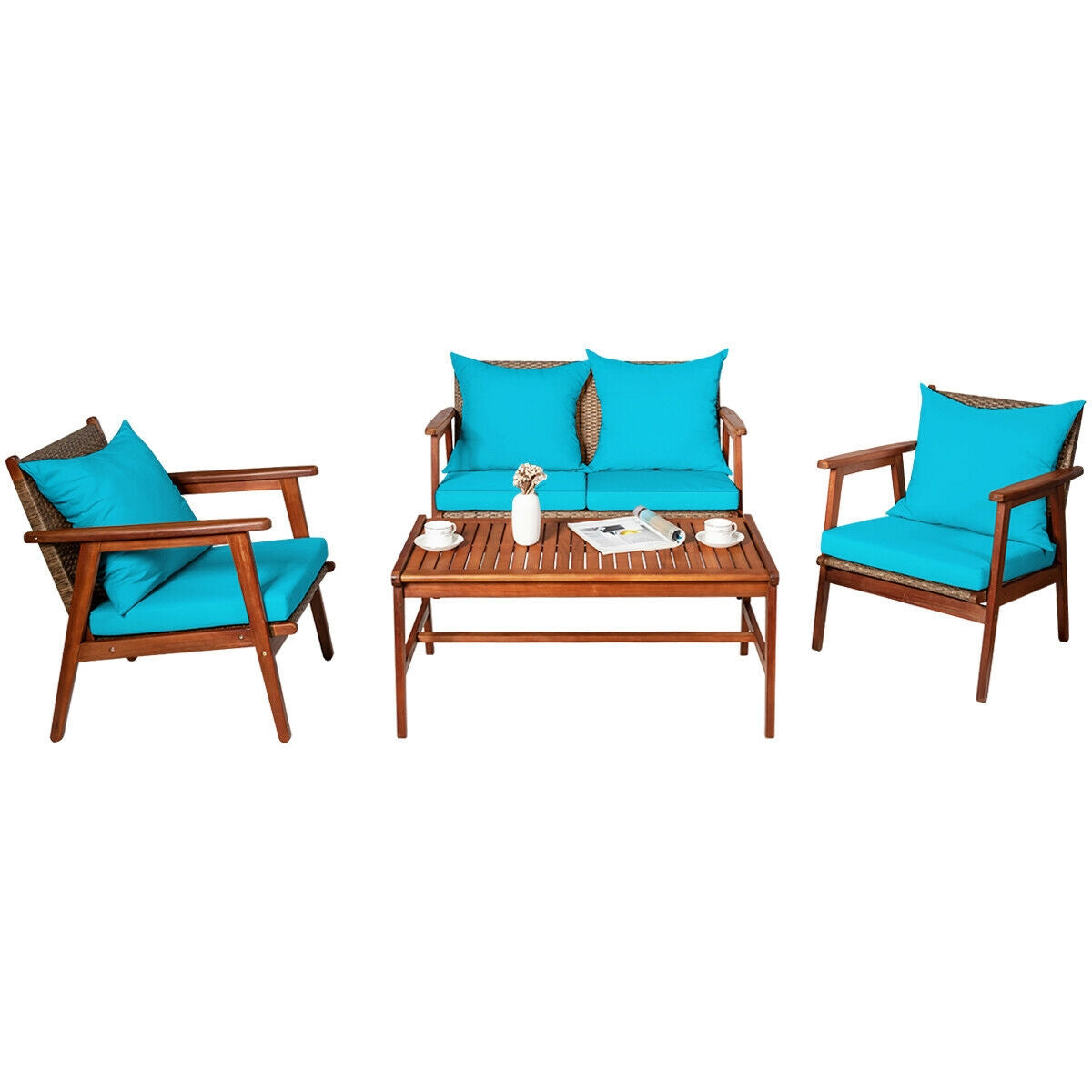 4 Pieces Acacia Wood Patio Rattan Furniture Set-Turquoise
