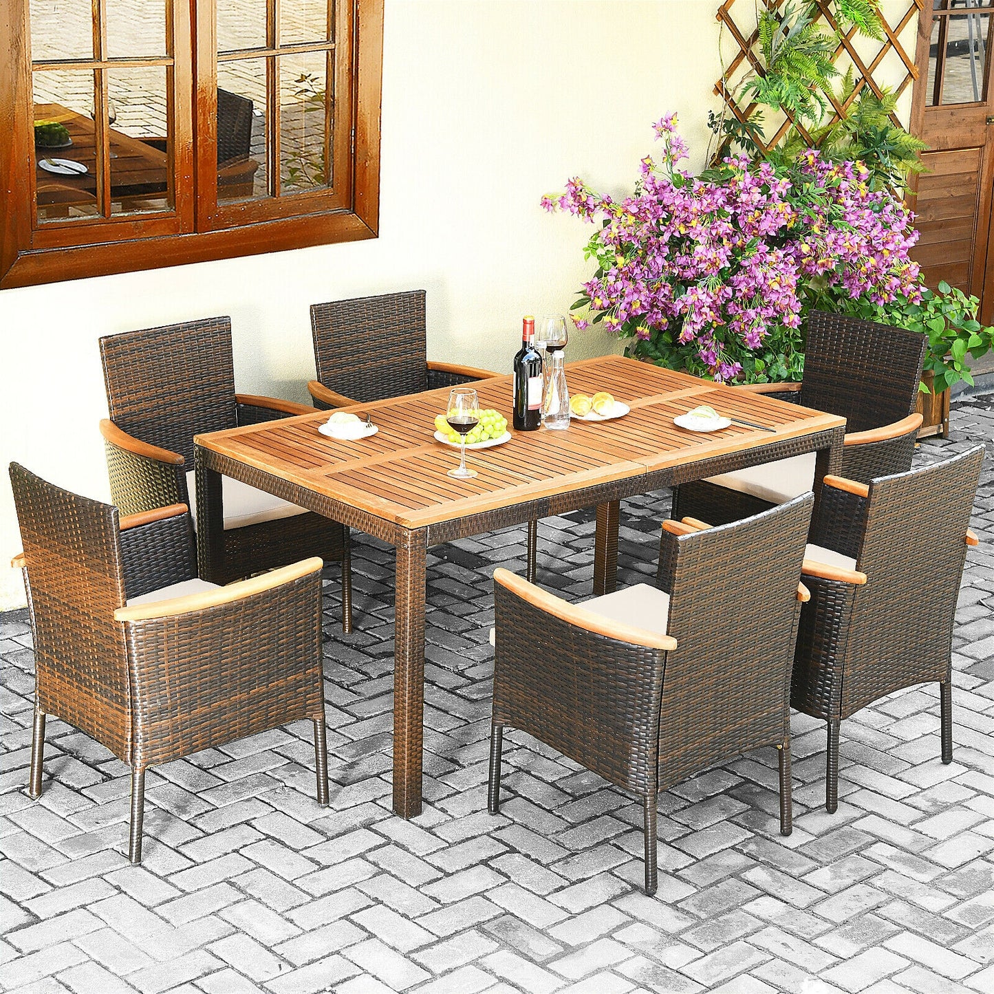 7 Pieces Patio Rattan Dining Set with Armrest Cushioned Chair and Umbrella Hole