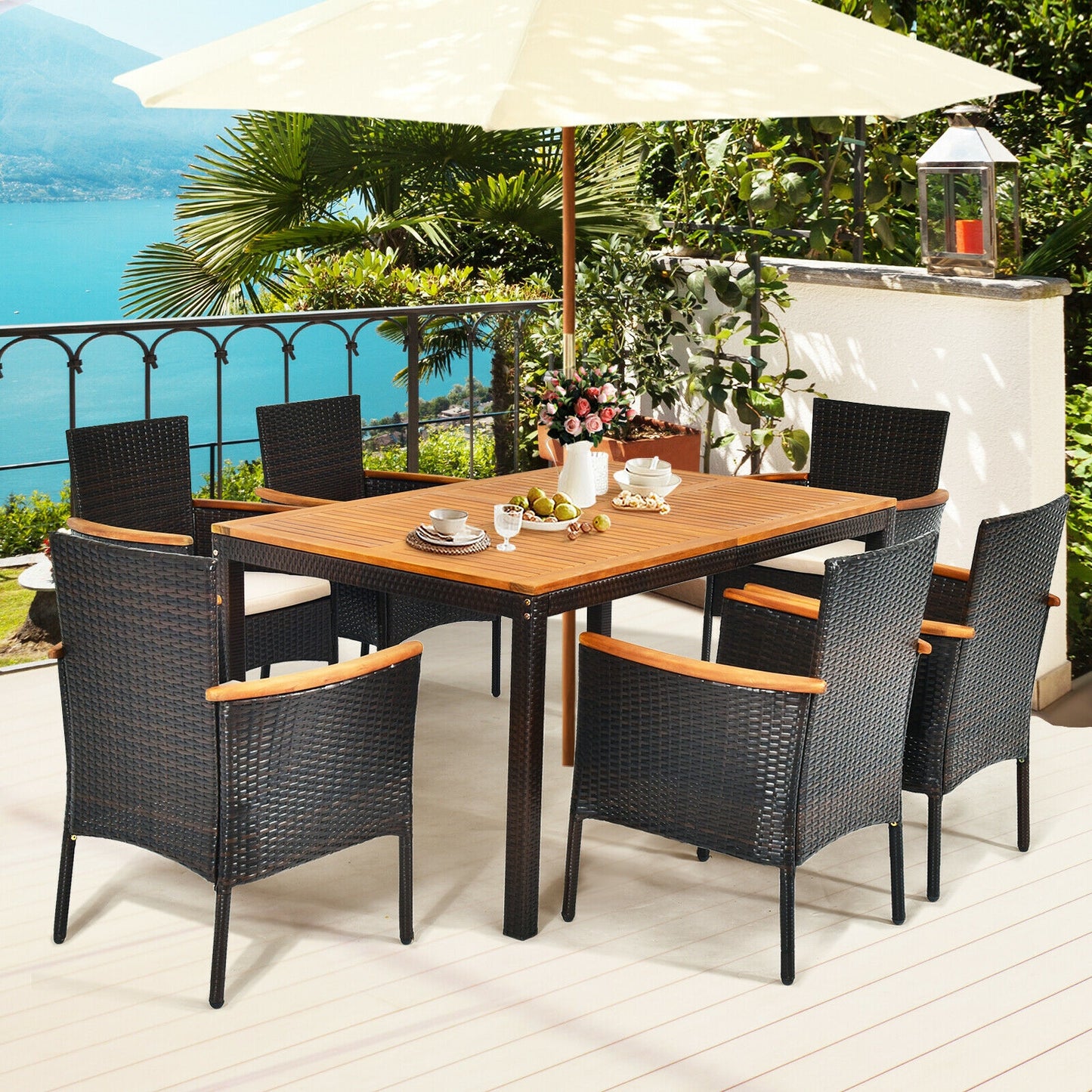 7 Pieces Patio Rattan Dining Set with Armrest Cushioned Chair and Umbrella Hole