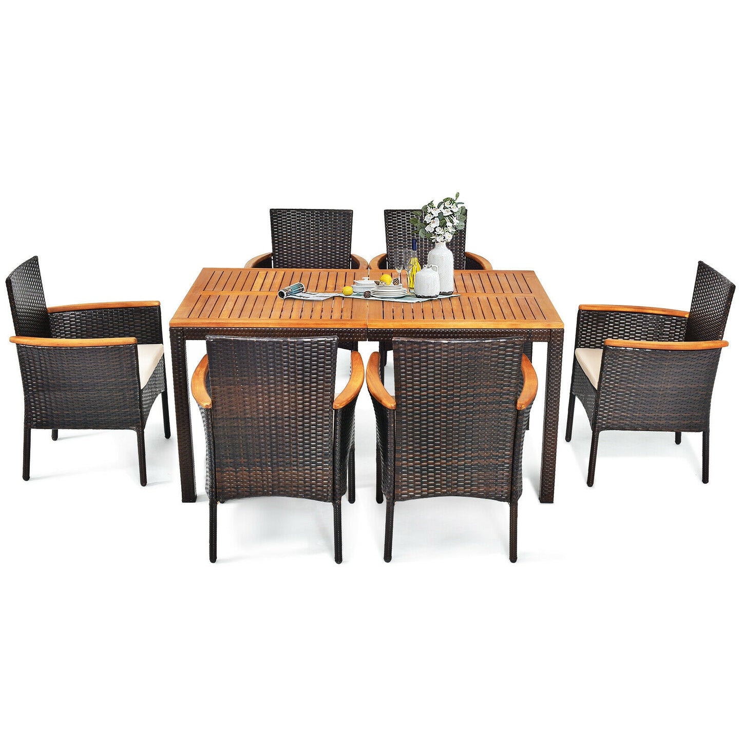 7 Pieces Patio Rattan Dining Set with Armrest Cushioned Chair and Umbrella Hole