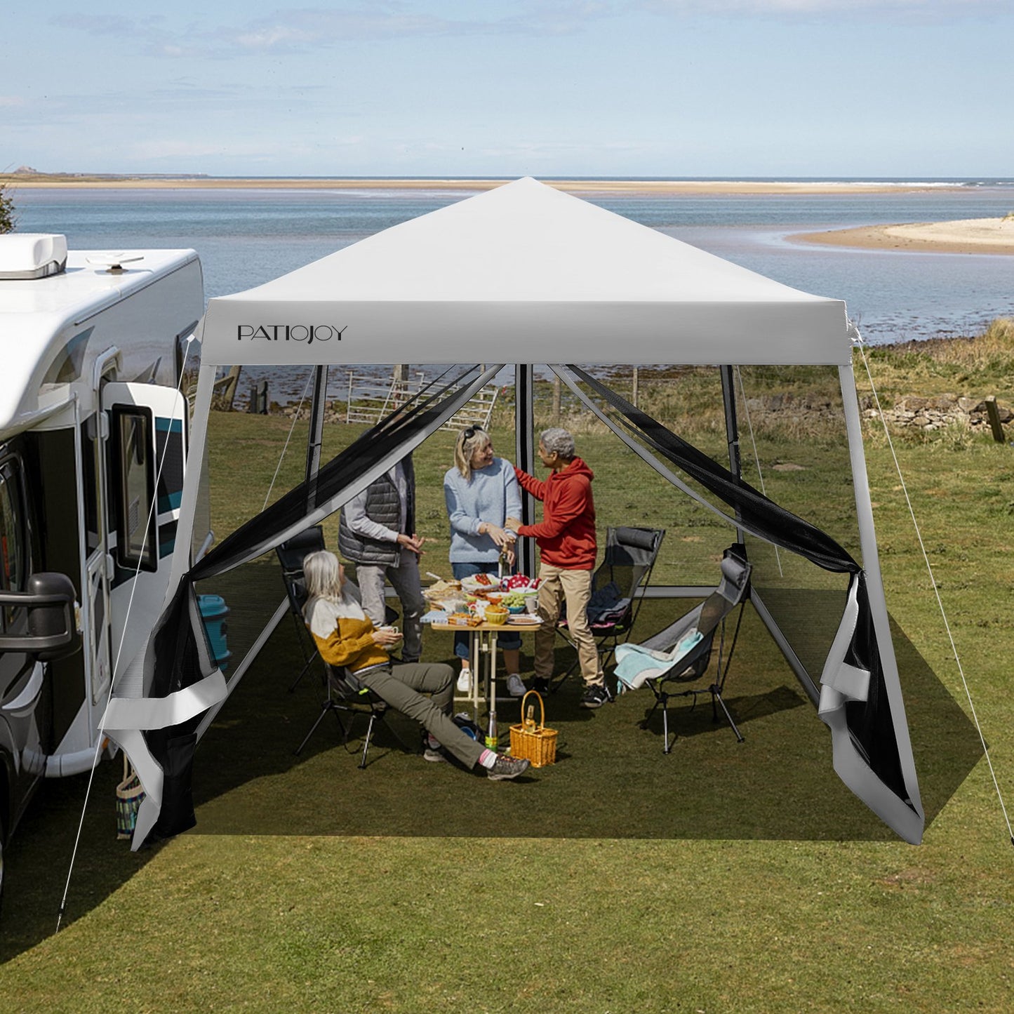 10 x 10 Feet Pop Up Canopy with with Mesh Sidewalls and Roller Bag-Gray