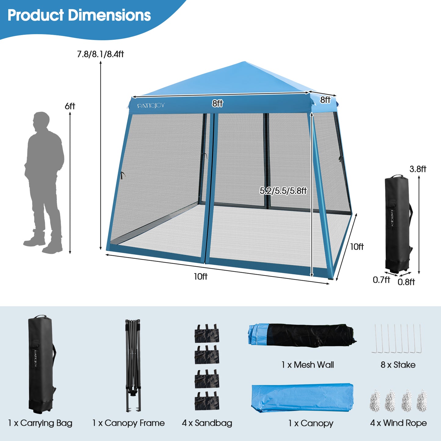 10 x 10 Feet Pop Up Canopy with with Mesh Sidewalls and Roller Bag-Blue