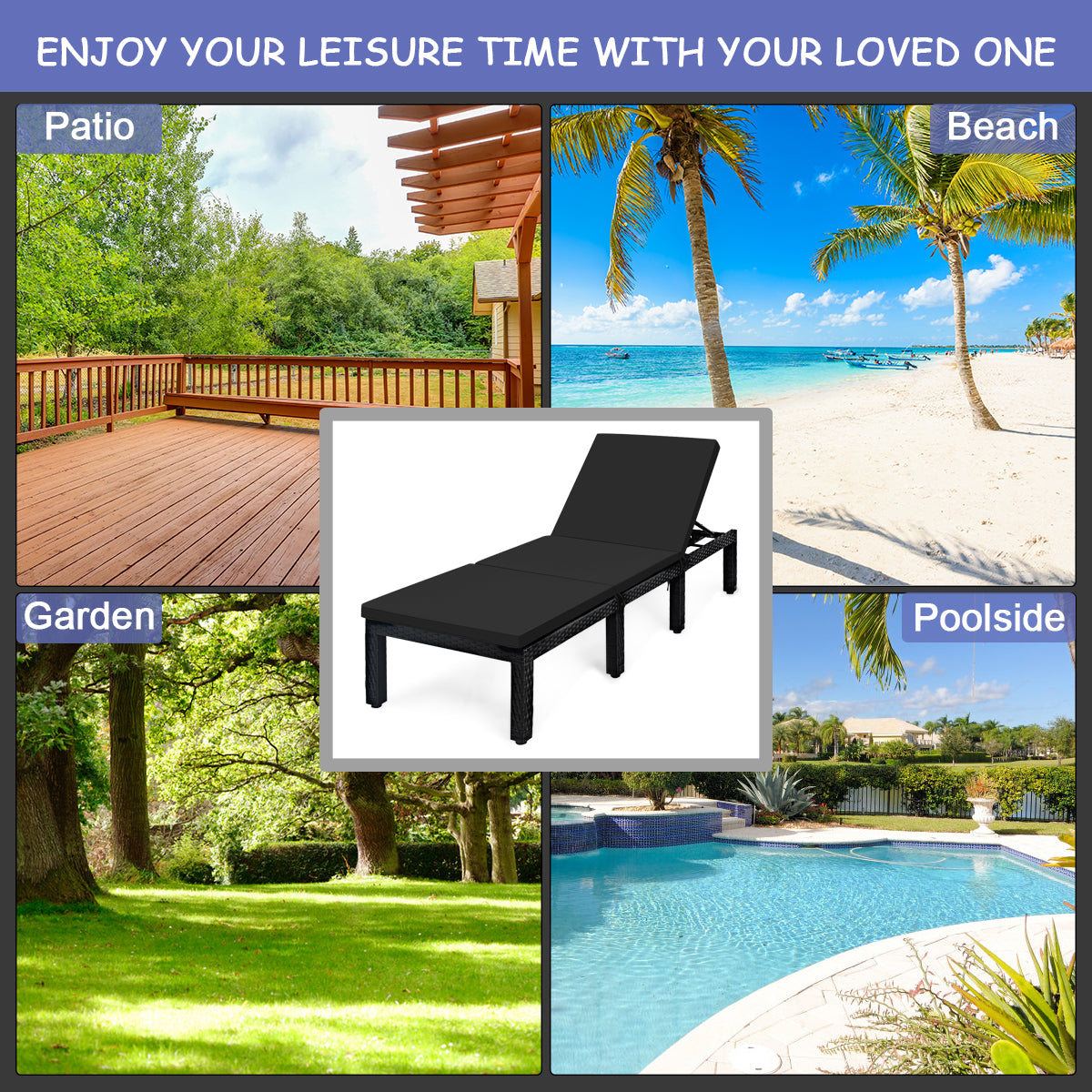 Patio Rattan Height Adjustable Lounge Chair with 2 Set of Cushion Cover-Black & Turquoise