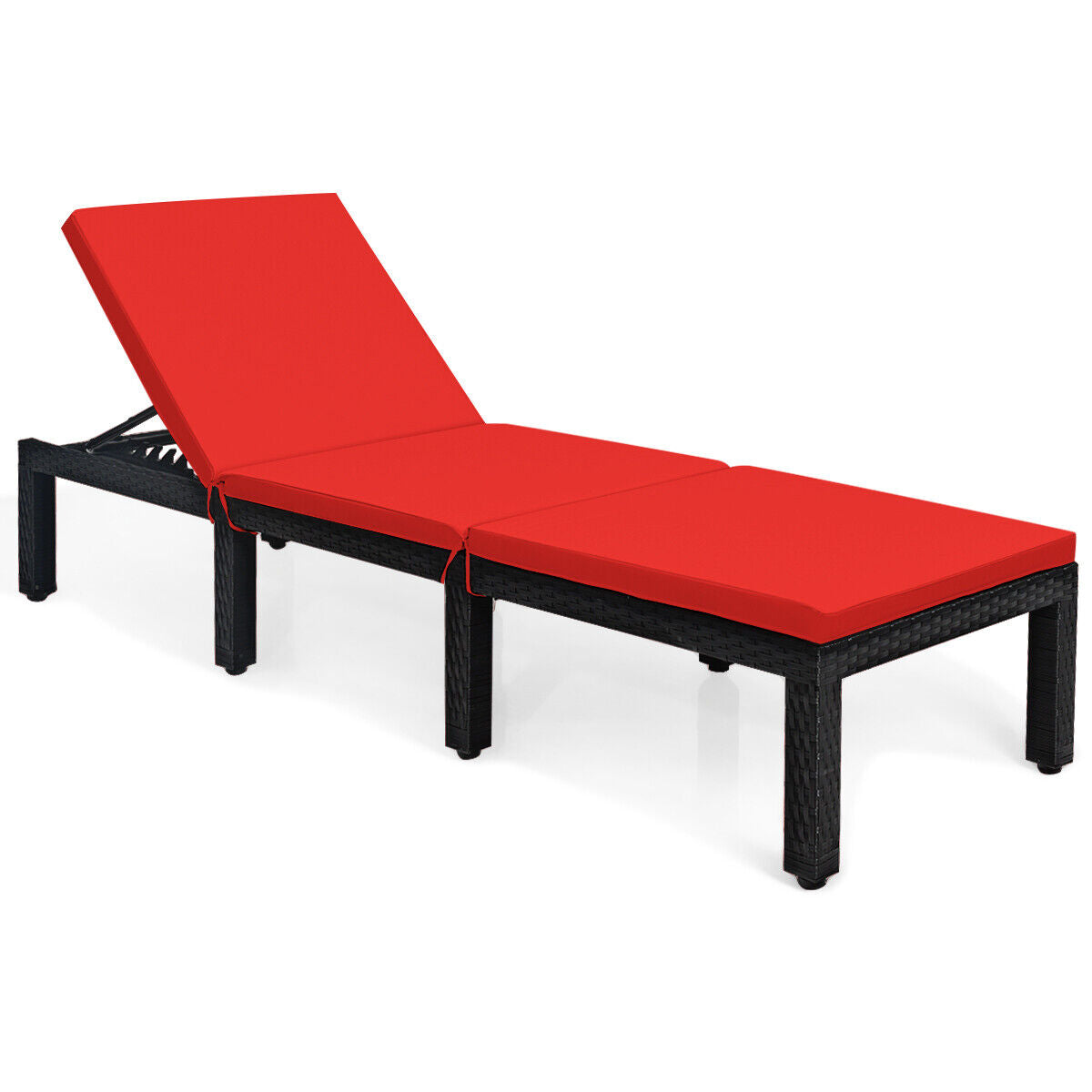 Patio Rattan Height Adjustable Lounge Chair with 2 Set of Cushion Cover-Red & Off White