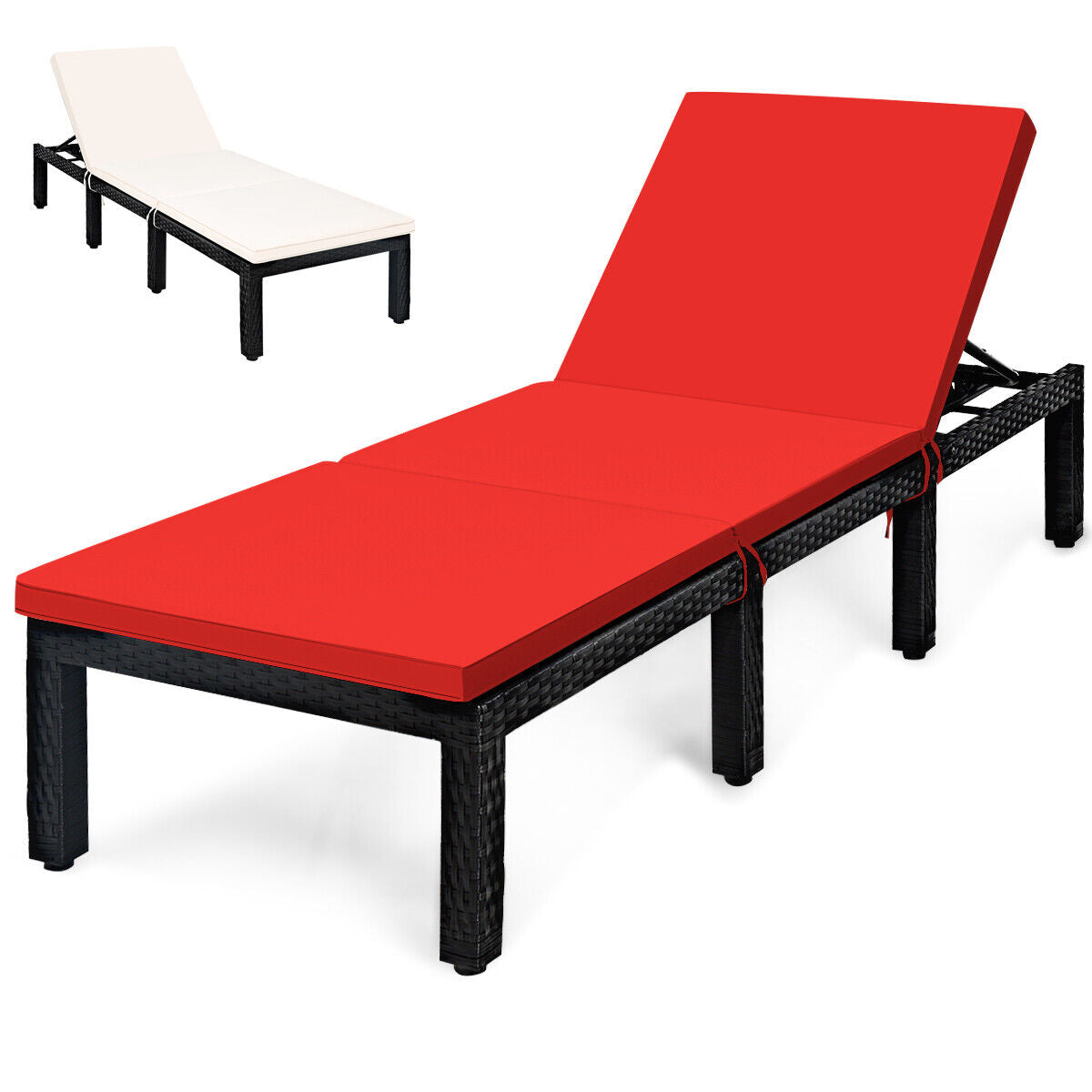 Patio Rattan Height Adjustable Lounge Chair with 2 Set of Cushion Cover-Red & Off White