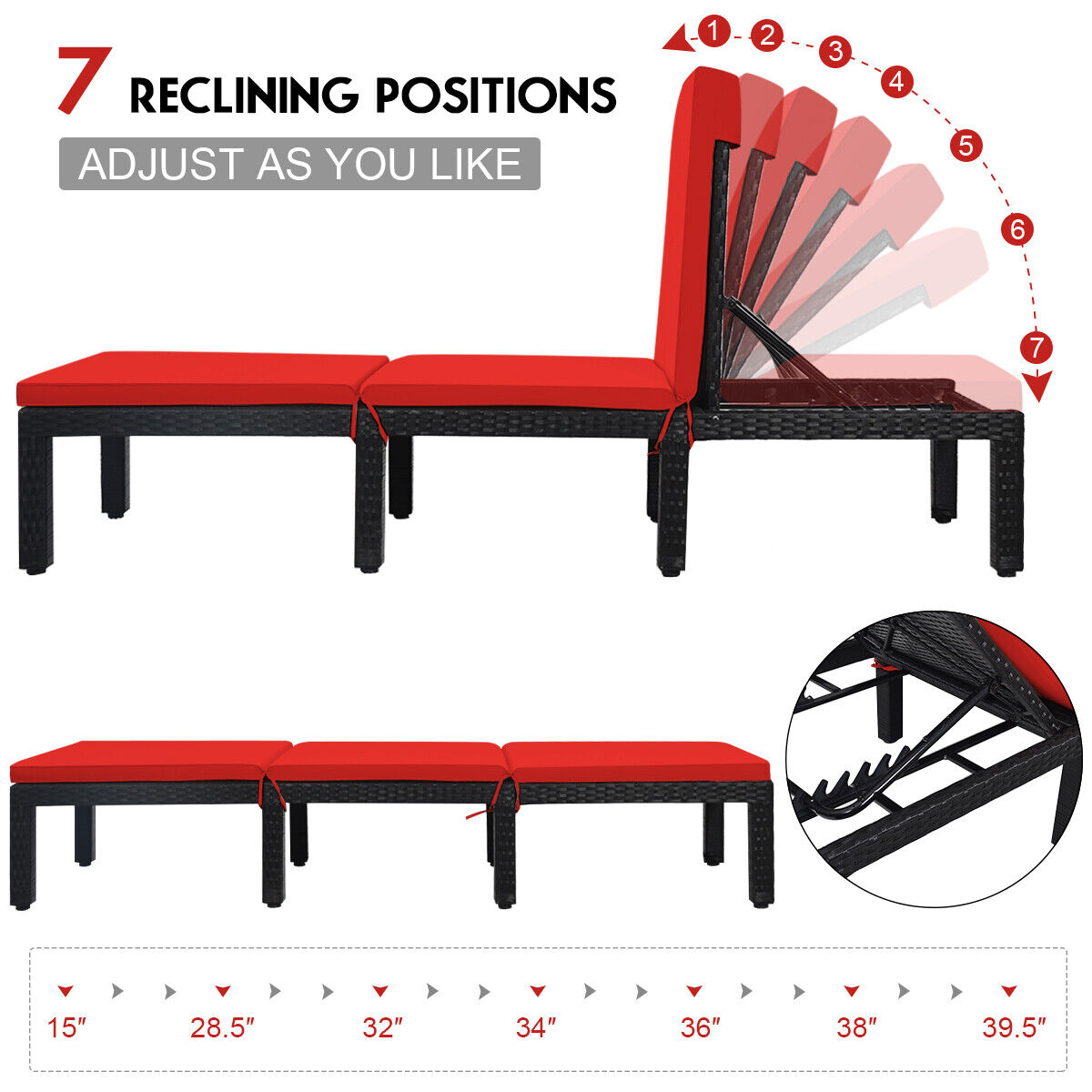 Patio Rattan Height Adjustable Lounge Chair with 2 Set of Cushion Cover-Red & Off White